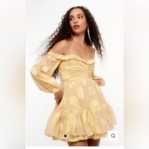 Love shack fancy Zennia Off-Shoulder Silk Mini Dress 
Color:
DAISY YELLOW